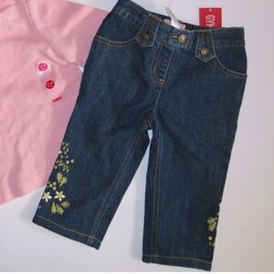 Gymboree baby girl dark jeans gold embroidered denim pants pull on glam 6-12 9 m